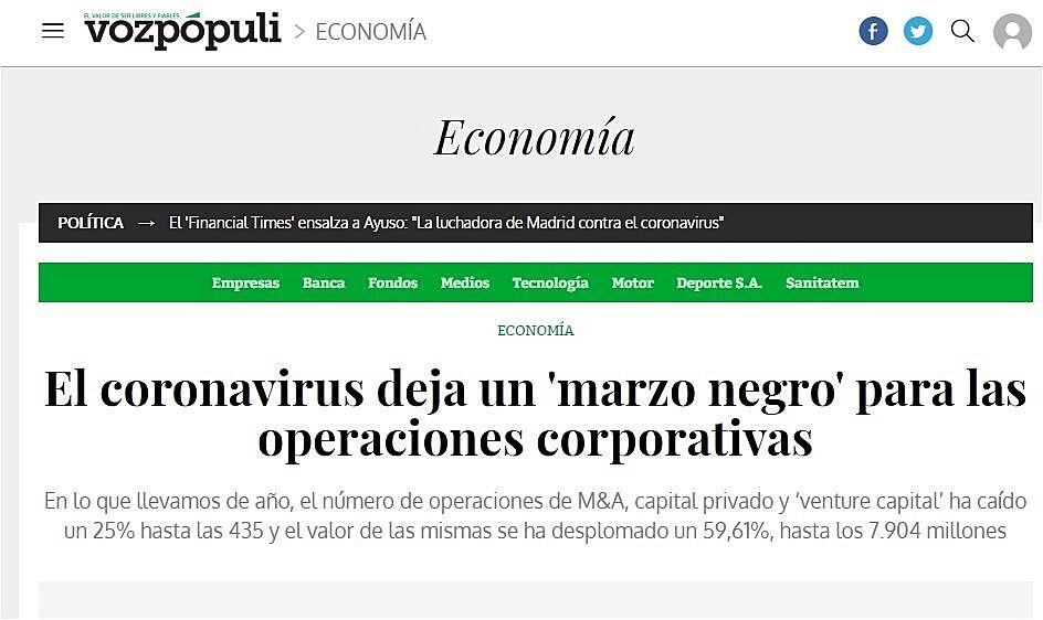 El coronavirus deja un 'marzo negro' para las operaciones corporativas